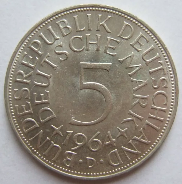 Moneta Rfg Aquila Argento 5 Tedesco Marchi 1964 D IN Uncirculated