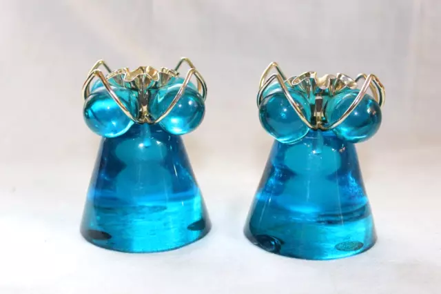 PAIR Vintage Mid-Century turquoise Blue Silver Lucite Acrylic Candle Holders MCM
