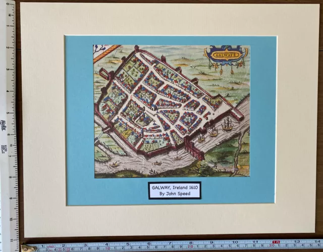 Mounted Old Antique Tudor town plan map Galway, Ireland: Speed 1600s Reprint