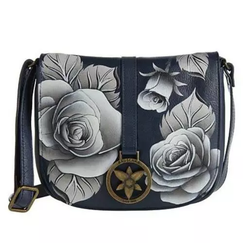 Anuschka Femmes Peint à la Main Cuir Selle Sac Bandoulière Romantique Rose Navy