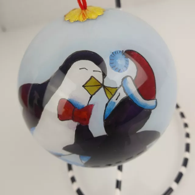 Super Cute Reverse Painted Christmas Ornament Kissing Penguins With Box