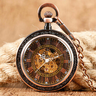 Retro Old Fashion Mens Skeleton Mechanical Pocket Watch Open Face Fob Chain