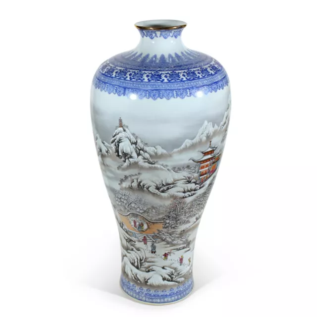 Chinese Porcelain Vase Landscape Snow Scene Decoration Vintage China 20.5" Tall