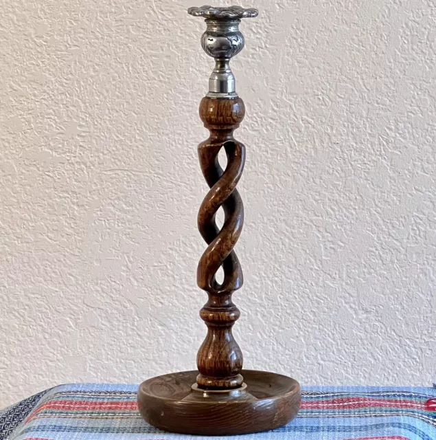 Antique English Oak Open Barley Twist Candlestick Candle Holder Wood Silver Top