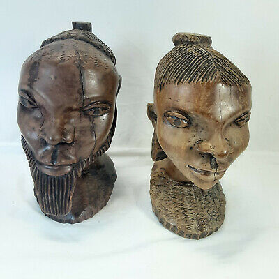 Vintage Hand Carved Wood Statues Man Woman Couple Heads Faces African Tribal