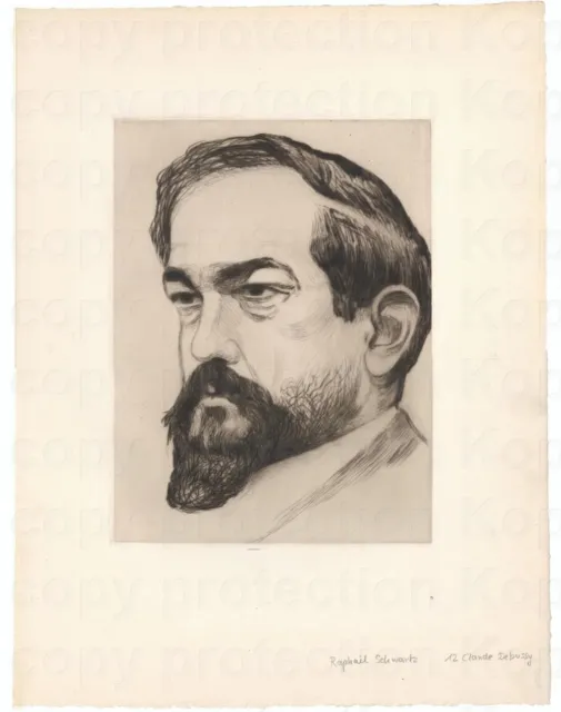 Original etching Radierung 1912 Portrait Claude Debussy Raphaël SCHWARTZ