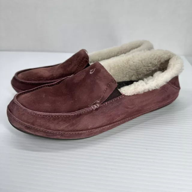OluKai Ku'una Wool Shearling Slippers Suede Burgundy Leather Slip On Womens Sz 8