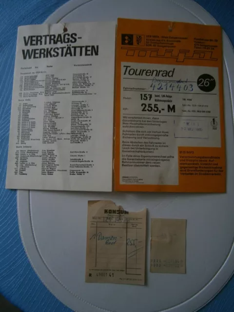 Prospekt Garantiekarte Tourenrad Modell 157 , LM Felge mit Kassenzettel von 1980
