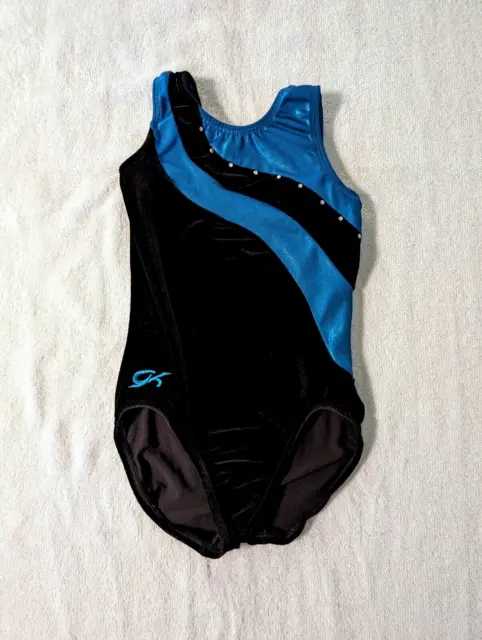 BEAUTIFUL GK ELITE Gymnastics Dance Leotard Child Medium Velour Blue RHINESTONES