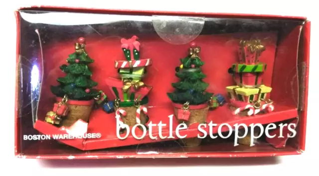 Boston Warehouse Set Of 4 Christmas Bottle Stoppers Color Trees Holiday Presents