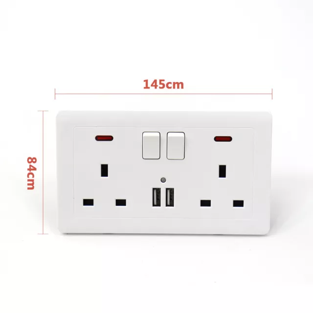 Double Wall Plug Socket 2 Gang 13A w/ 2 Charger USB Ports Outlets Flat Plate UK 3