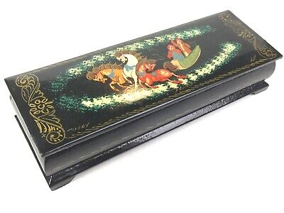 Vintage Signed Russian Black Lacquer Hinged Rectangular Hand Painted Trinket Box