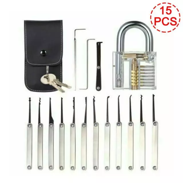15pcs Unlocking Lock Pick Set Key Extractor Transparent Practice Padlock Tools N