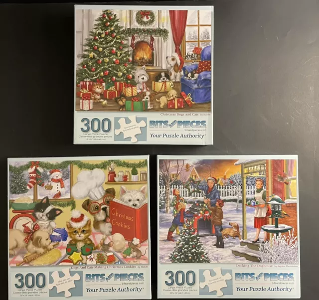 BITS & PIECES 300pc Jigsaw Puzzles Christmas Dogs Cats Holiday Winter Lot Of 3