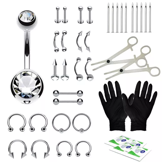 BodyJ4You 36PC PRO Piercing Kit Steel 14G 16G Belly Ring Tongue Tragus Nipple