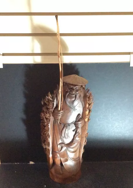 Vintage Hand Carved Bamboo Root Chinese Old Man Fisherman 41cm Tall (B)