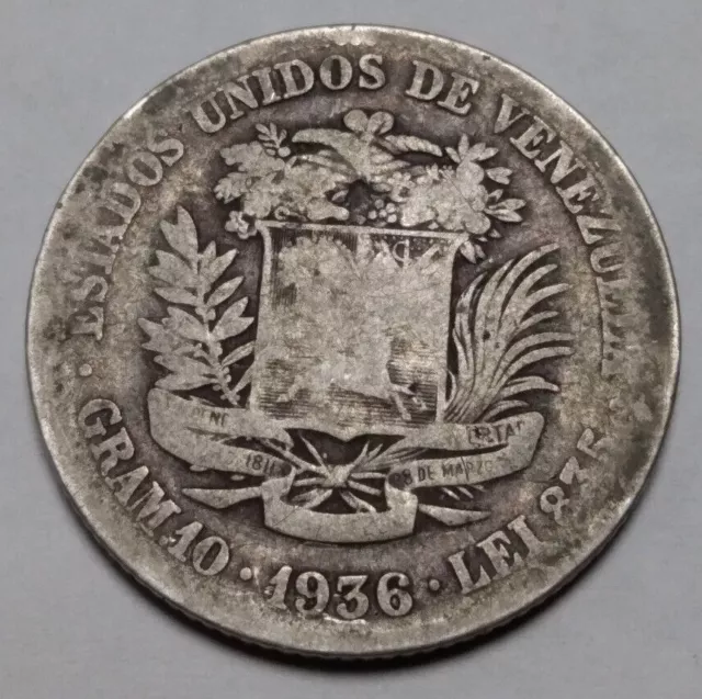 1936 Venezuela 2 Bolivares .835 Silver Coin Simon Bolivar Liberator