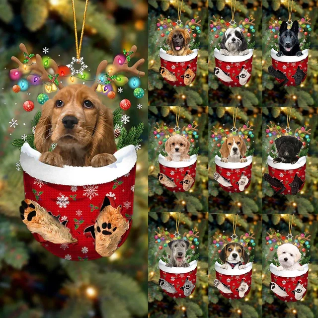 Christmas Dog Ornament Wooden Xmas Tree Hanging Sign Statues Decors Pendant-Gift