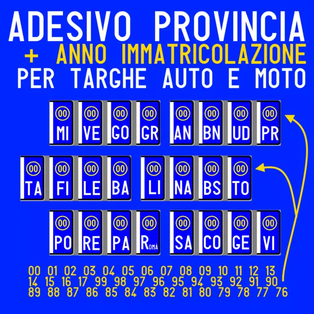 Adesivi (2Ant/2Post) Targa Provincia + Anno X Ripristino Targhe Auto E Mo