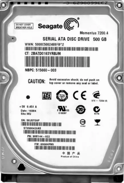 Seagate Momentus 7200.4 500GB 7200U/Min SATA II ST9500420AS Fw: 0006hpm1 2.5''