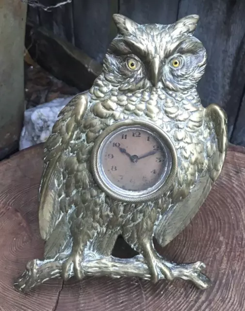 Antique German Cast BRASS OWL CLOCK mantel Victorian 19th century easel stand