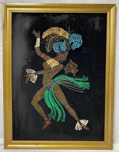 Vintage Mid Century Gravel Pebble Art on Velvet Tribal Dancer Gilt Frame 26.5x20 Vintage Mid Century Gravel Pebble Art on Velvet Tribal Dancer Gilt Frame 26.5x20