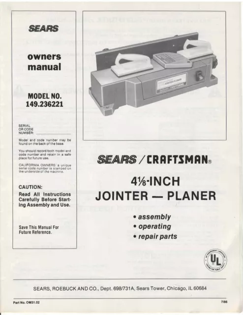 Jointer Planer Owners Manual 1986 Craftsman 149.236221 4 1/8 - Printed Manual