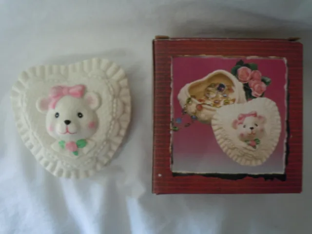 NEW Heart Shaped Trinket Dish Jewelry Box W/ Girl Bear Cub 3.5" x 3.5" So Cute!