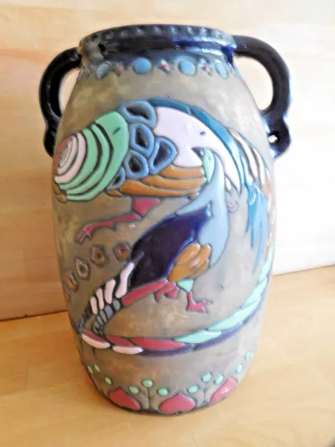 Antique Large Austrian Tube Lined Amphora Art Pottery Vase With Exotic Birds