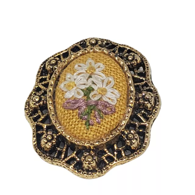 Vintage Petit Point Rose Brooch Ornate Antiqued Gold Tone Pin