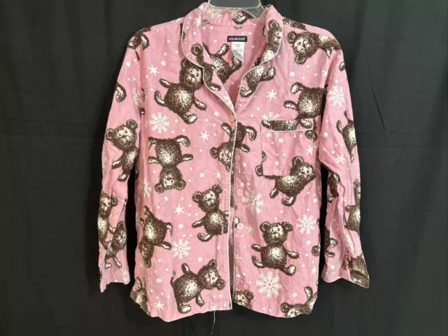 Joe Boxer Flannel Pajama Top Pink Snowflake Teddy Bear Novelty Print Size Medium