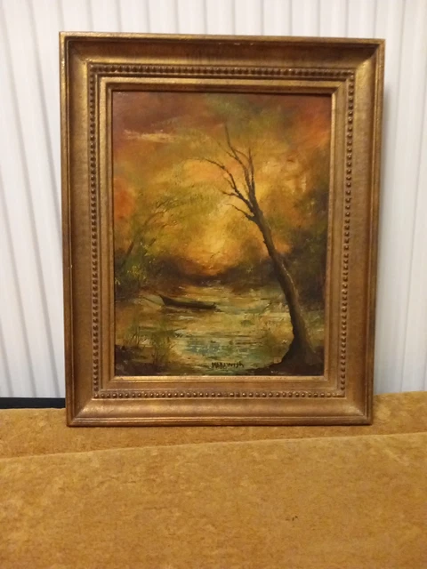 Tableau Décoratif Ancien Style Huile Sur Toile - Scène De Lac Avec Arbres Roses - Cadre En Bois - Fait Main Au Royaume-Uni