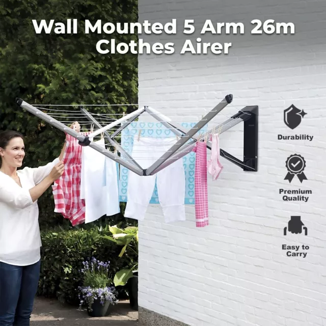 5 ARM 26M FOLDING WALL MOUNTED CLOTHES AIRER DRYER WASHING LINE OUTDOOR  GARDEN