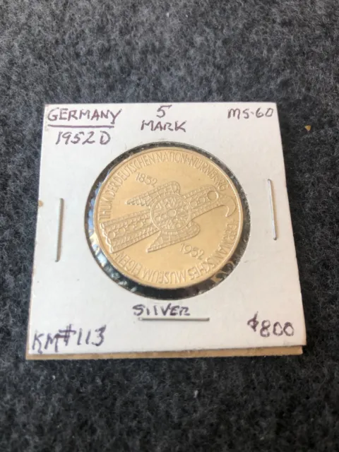 1952-D Germany 5 Mark First Commemorative Coin 100th Anniversary Nurnberg Museum