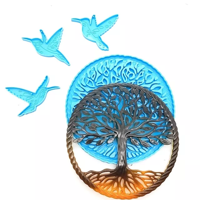 4X Silikon Baum des Lebens Vögel Harz Gussform Zuhause Wanddekor Epoxidform DIY