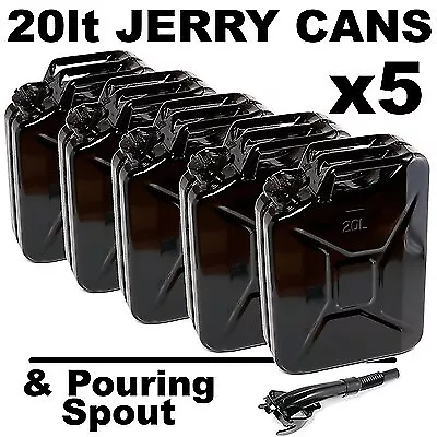 BLACK 20 litre lt JERRY CANS 20lt x 5 & FREE Spout