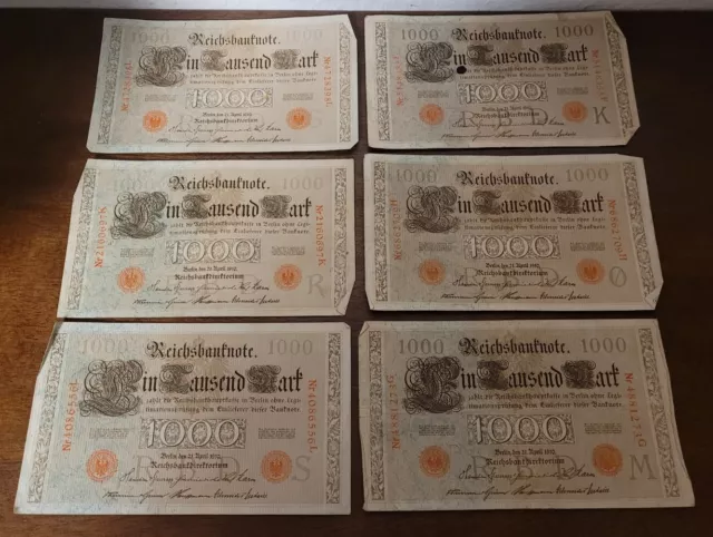 6x Reichsbanknote 1000 Mark 1910 - Sammlung