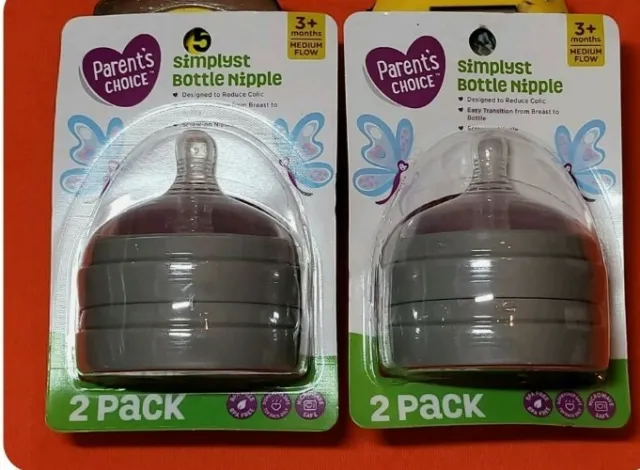 Lot of 2 Parent's Choice Simplyst Bottle Nipple 3+Months Medium Flow 4 Total BPA