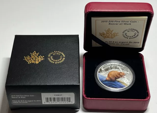 2015 Royal Canadian Mint $20 Fine Silver Coin - Beaver at Work With Box + COA