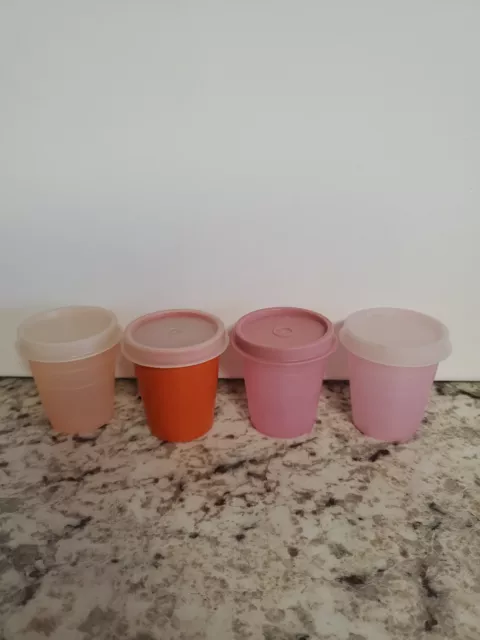 Tupperware Mini Midgets Container 2oz Set of 4 Pink And Orange With Lids Used