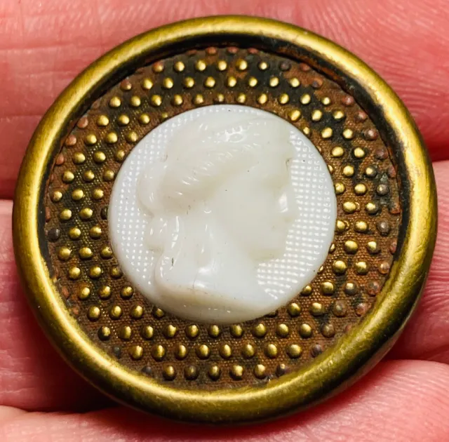 Antique Vintage Victorian White Glass In Metal Picture Button Ladies Head Cameo