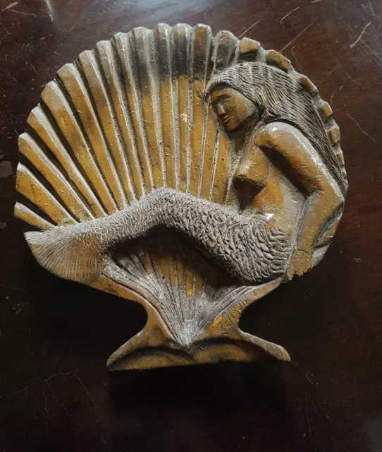 vintage wooden mermaid shell treen wall plaque carved figure