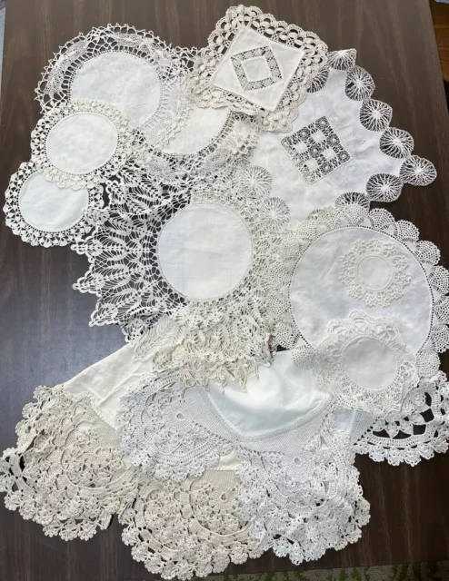 14 VTG Round Doilies AMAZING Linen Lot Crochet Lace Wedding Craft  6” to 30” WOW