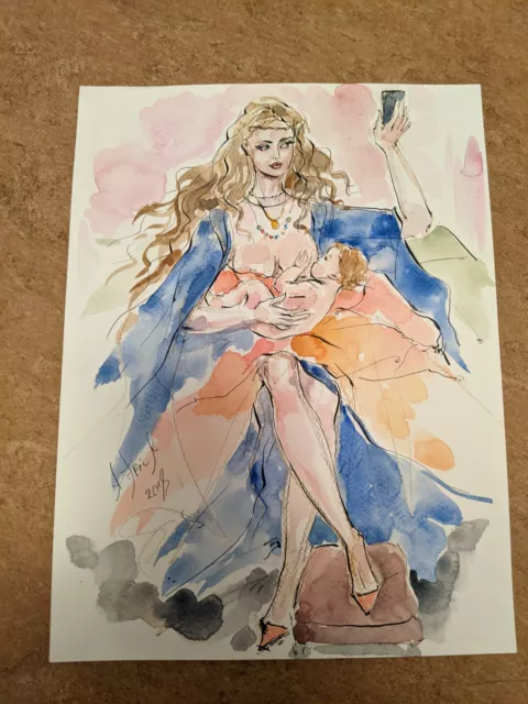 Anna Frick Aquarell "Instagram Madonna" Frau mit Kind Modezeichnung Busen Erotik