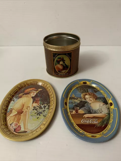 (3) Coca-Cola 1973 Small Oval Tin Metal Tray