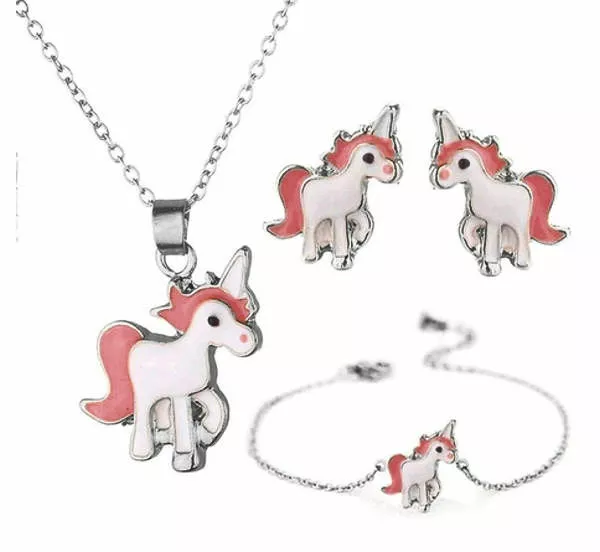 HORSE & WESTERN JEWELLERY JEWELRY GIRLS KIDS  UNICORN 4pce NECKLACE SET SILVER