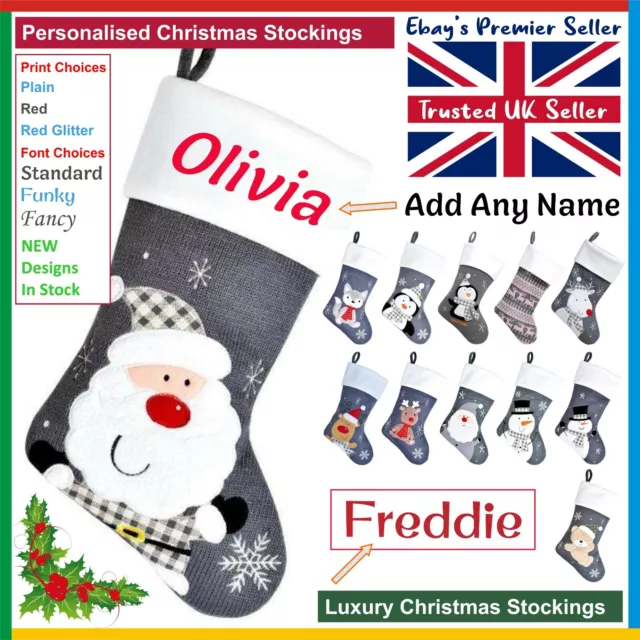 PERSONALISED SILVER Grey Christmas Stocking * Santa / Snowman / Fox / Rudolph