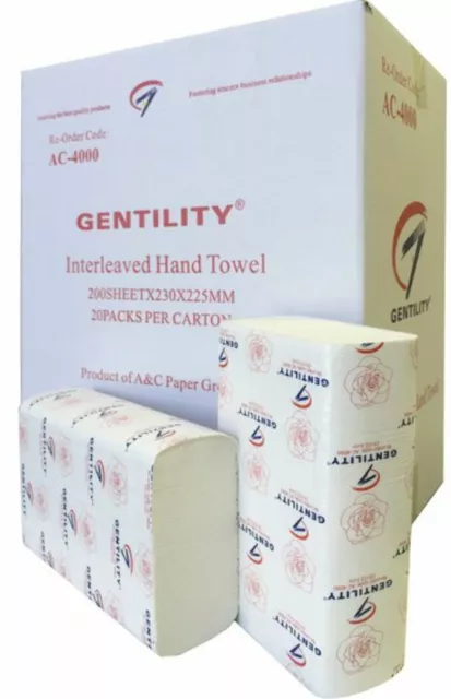 A&C Gentility Premium Interleaved Slimline Paper Towel Hand Towel 1 Ply 200 Shee