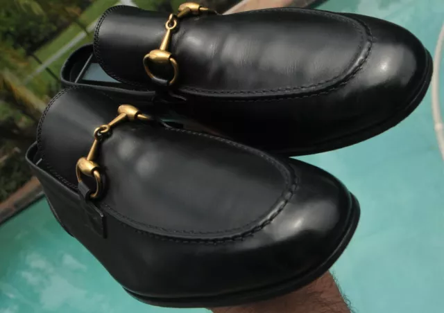 GUCCI man's golden horse bit  black leather Loafers shoes Size  7  D
