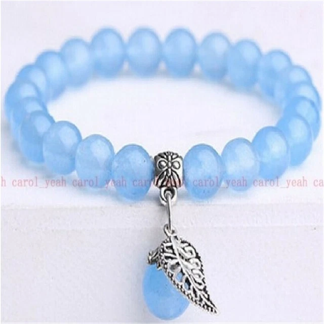 8mm Blue jade bracelet Chakas Healing Wrist Reiki Stretchy men Sutra